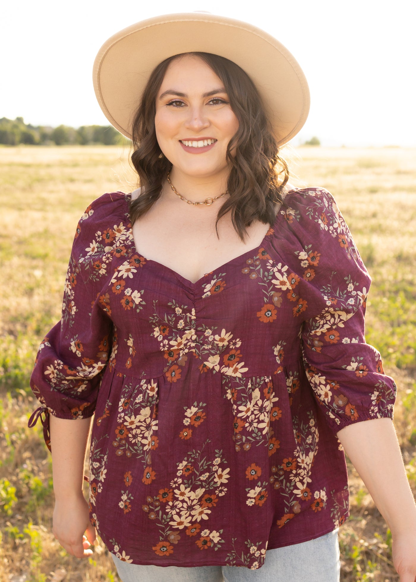 3/4 sleeve plus size plum floral top