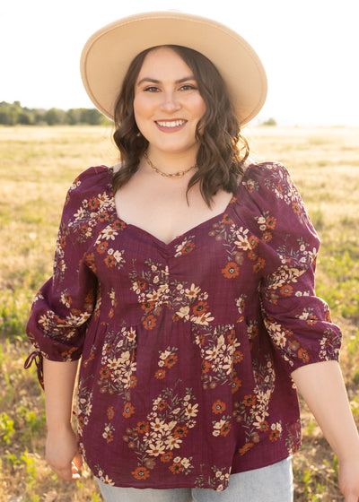 3/4 sleeve plus size plum floral top