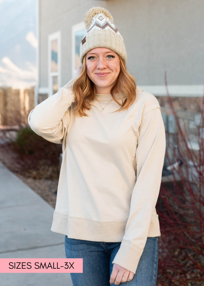 Long sleeve taupe sweater with drop shoulder