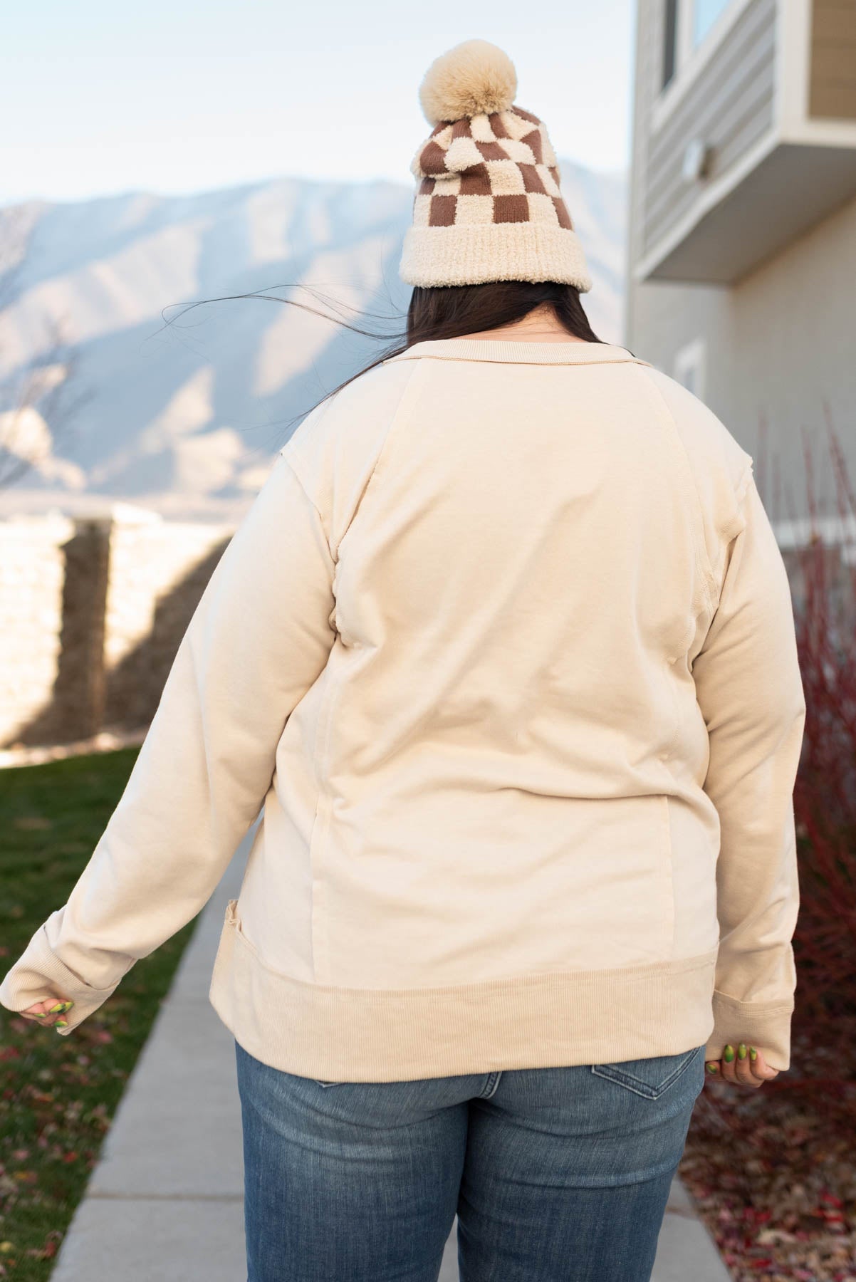 Back view of a plus size taupe sweater