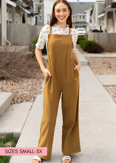 Front view of the Dark Mustard washed jumpsuit with pockets