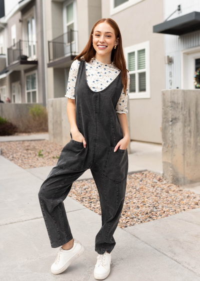 Tapered leg charcoal washed jumpsuit