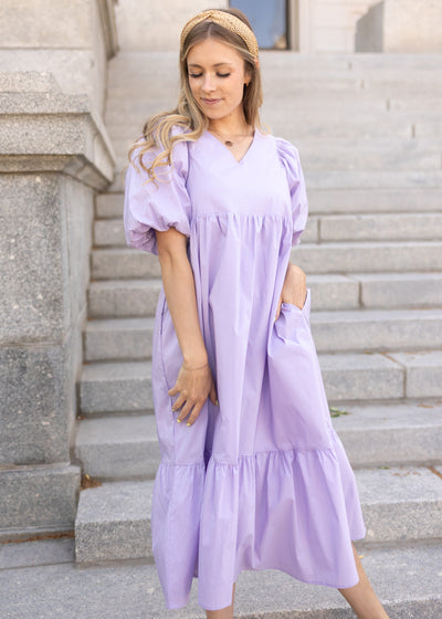 Short sleeve lavender dress with a v-neck