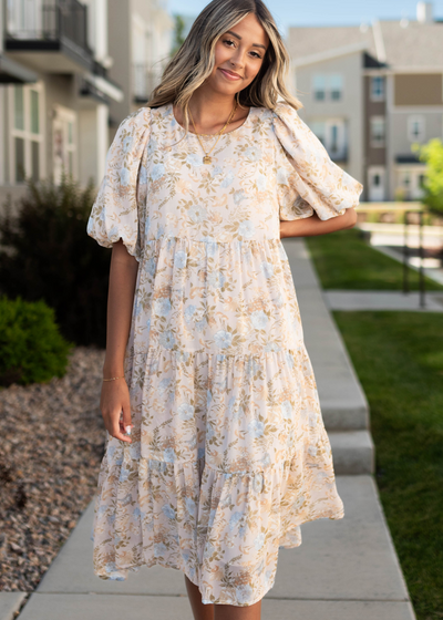 Short sleeve vintage blush dress with floral print