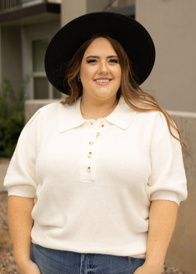 Plus size collared short sleeve ivory top
