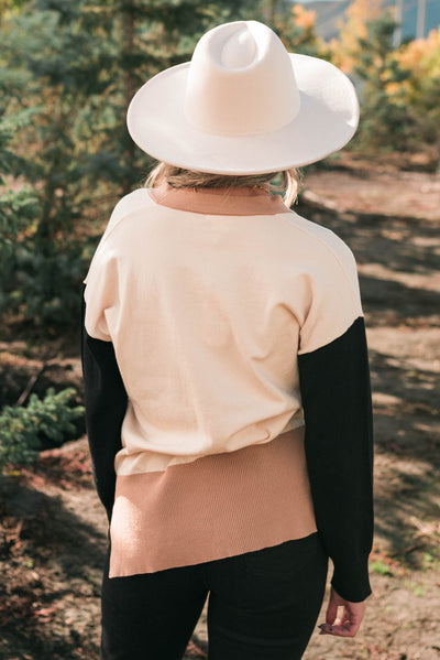 Back view of the light taupe cardigan