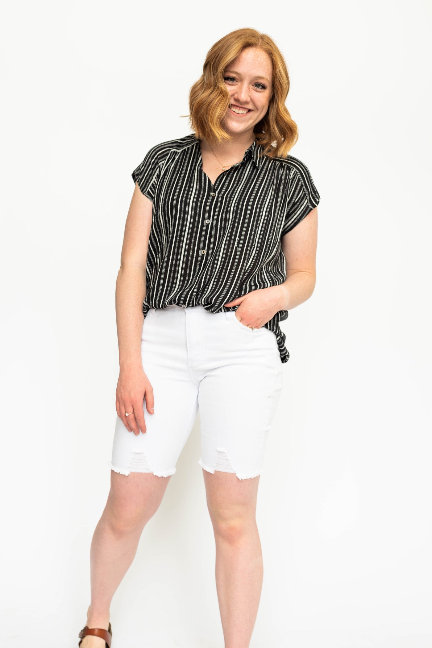 Black button up white stripe top