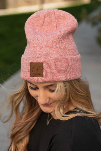 Berry knit beanie with brown patch