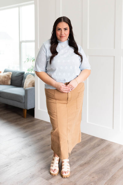 Plus size camel maxi skirt with zip front