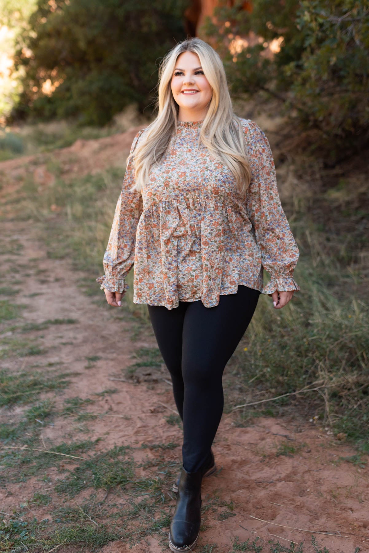 Long sleeve plus size rust floral top with high waist