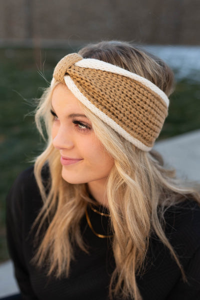 Side view of a taupe headband twist