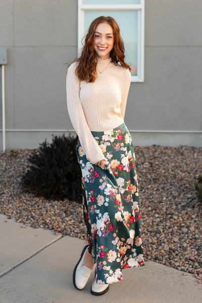 Small long satin floral skirt