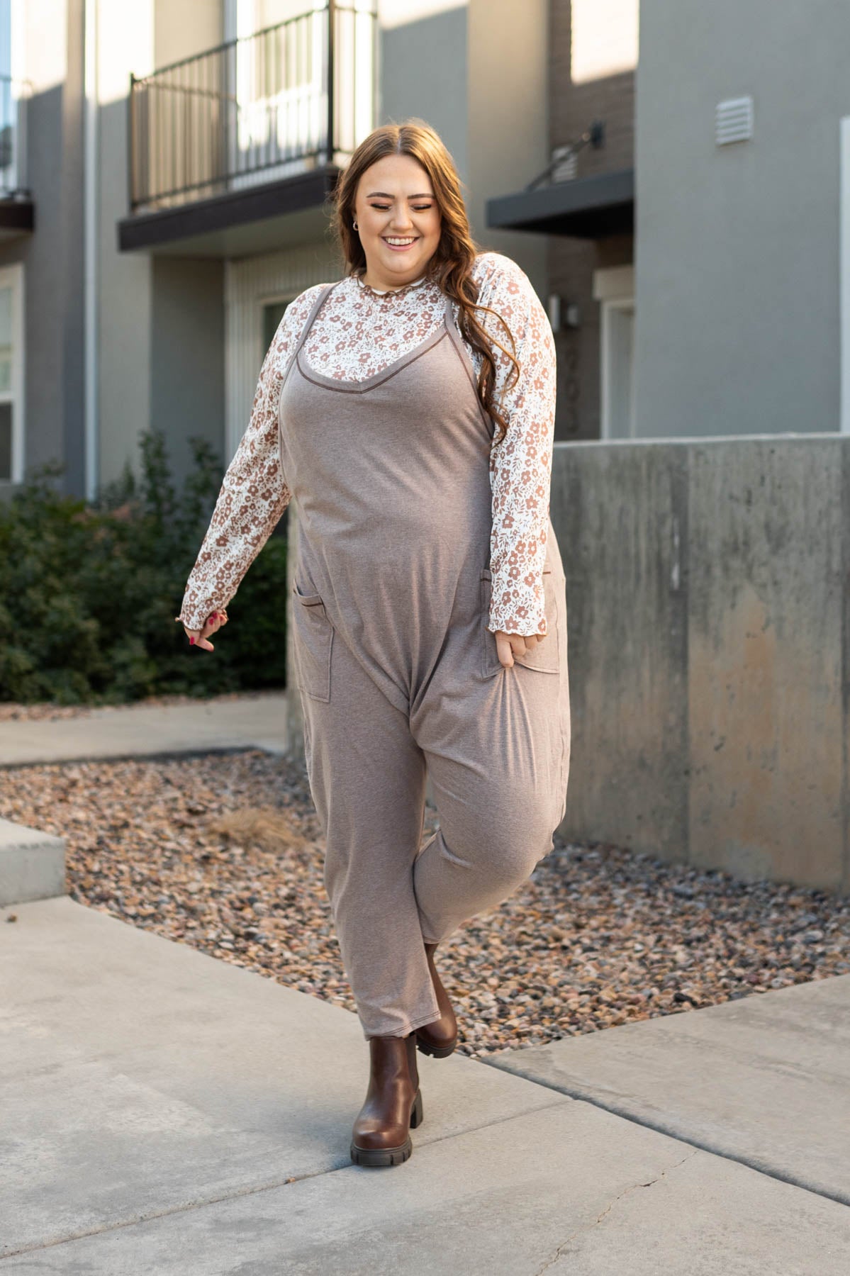 Plus size stone jumpsuit with pockets
