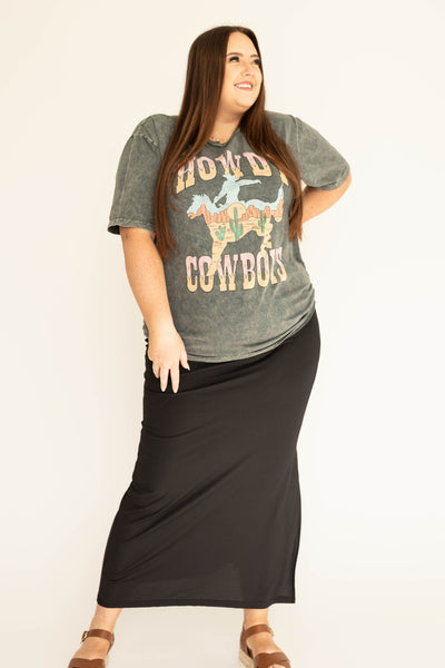 Long black plus size fitted skirt with side slit. 