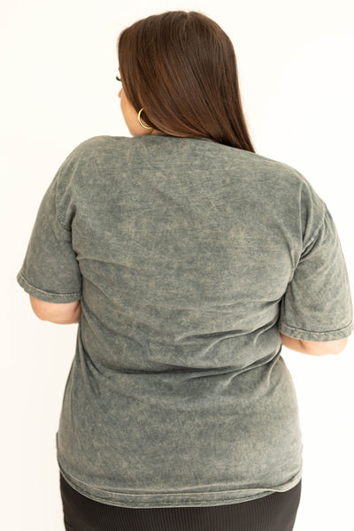 Back view of a back view of a blue gray cowboy graphic t-shirt .