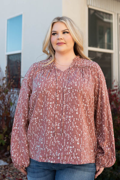 Plus size long sleeve marsala floral blouse with pleats on the shoulders