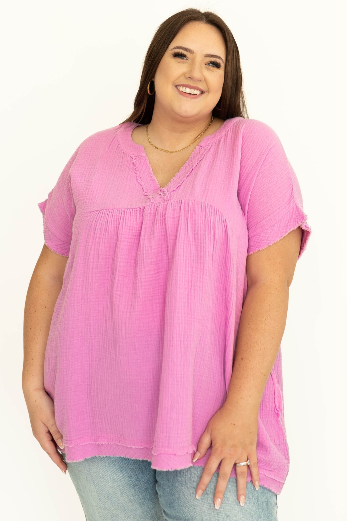 Front view of a lavender gauze top