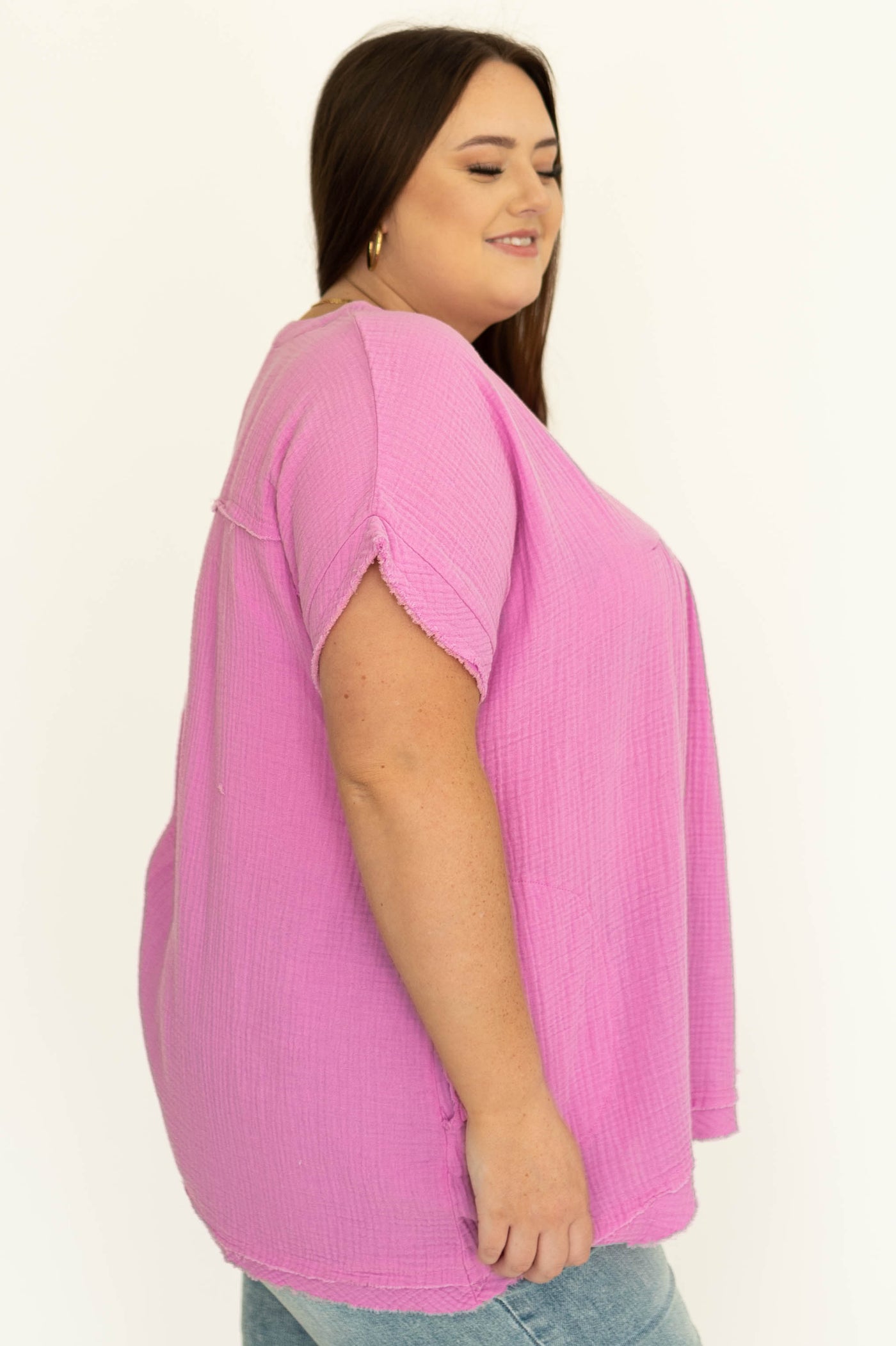Side view of plus size lavender top