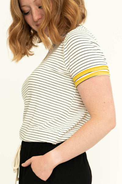 Stripe short sleeve shirt with yellow trim