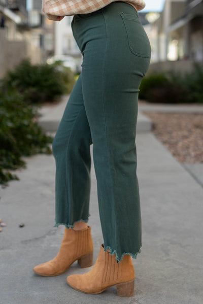 Side view of hunter green wide leg pants