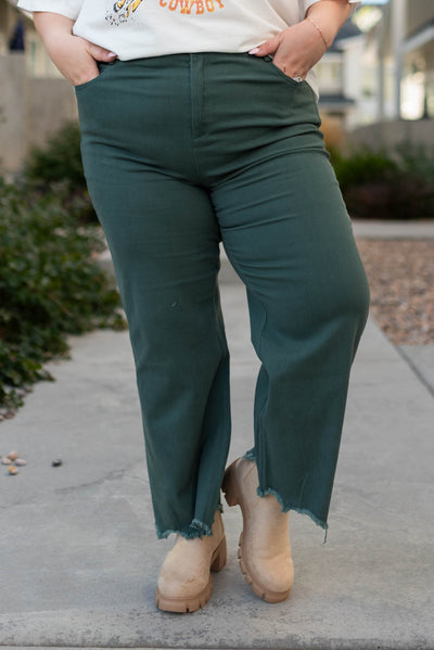 Front view of plus size hunter green wide leg pants