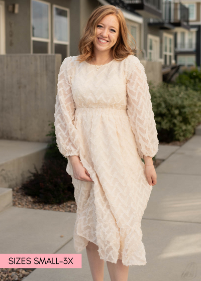 Long sleeve cream textured dress