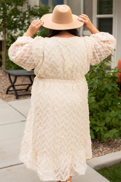 Back view of a plus size cream textured dress