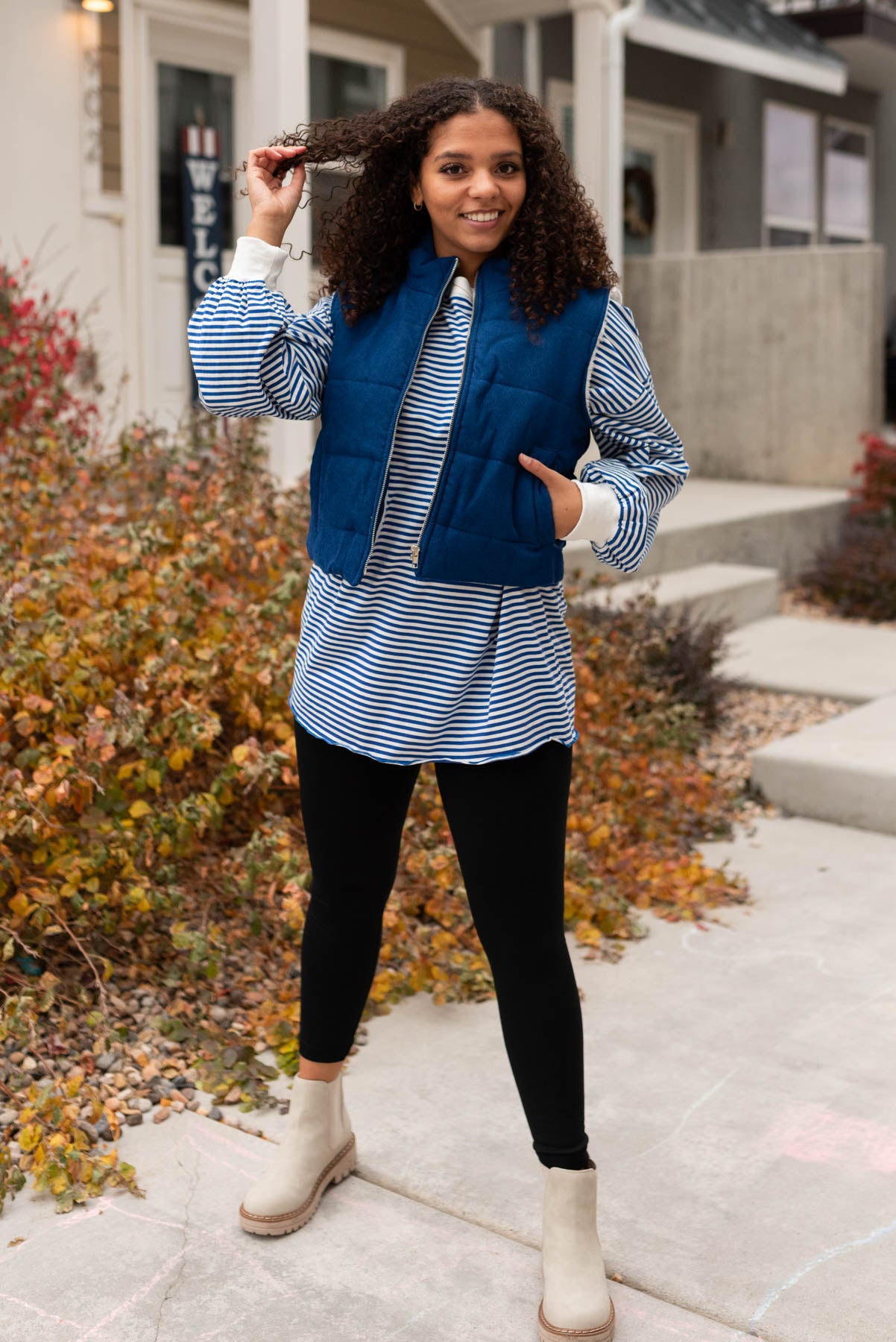 Royal blue top with white cuffs