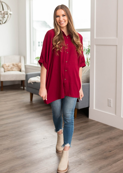 Short sleeve over sized burgundy button down blouse