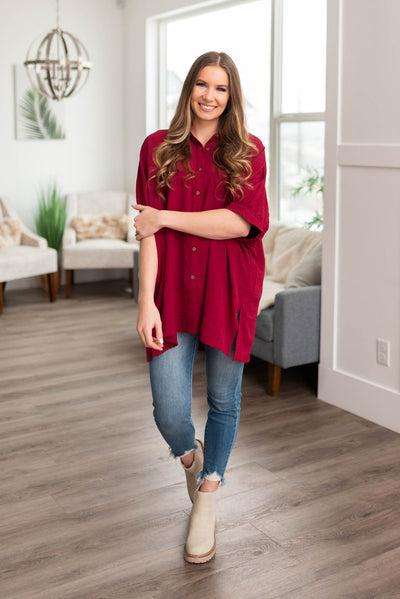 Burgundy button down blouse with collar and side slits 