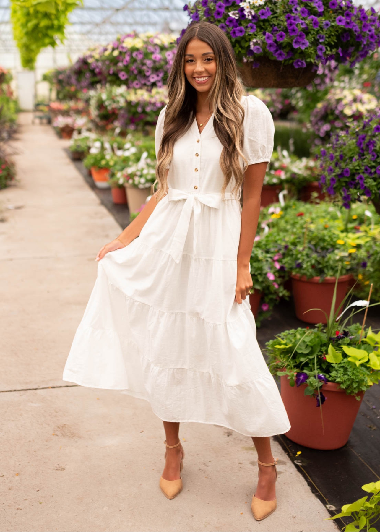 Off white button up dress with tiered skirt