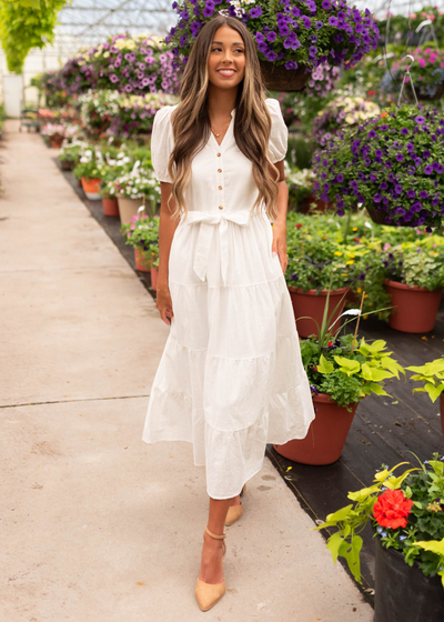 Off white button up dress with short sleeves