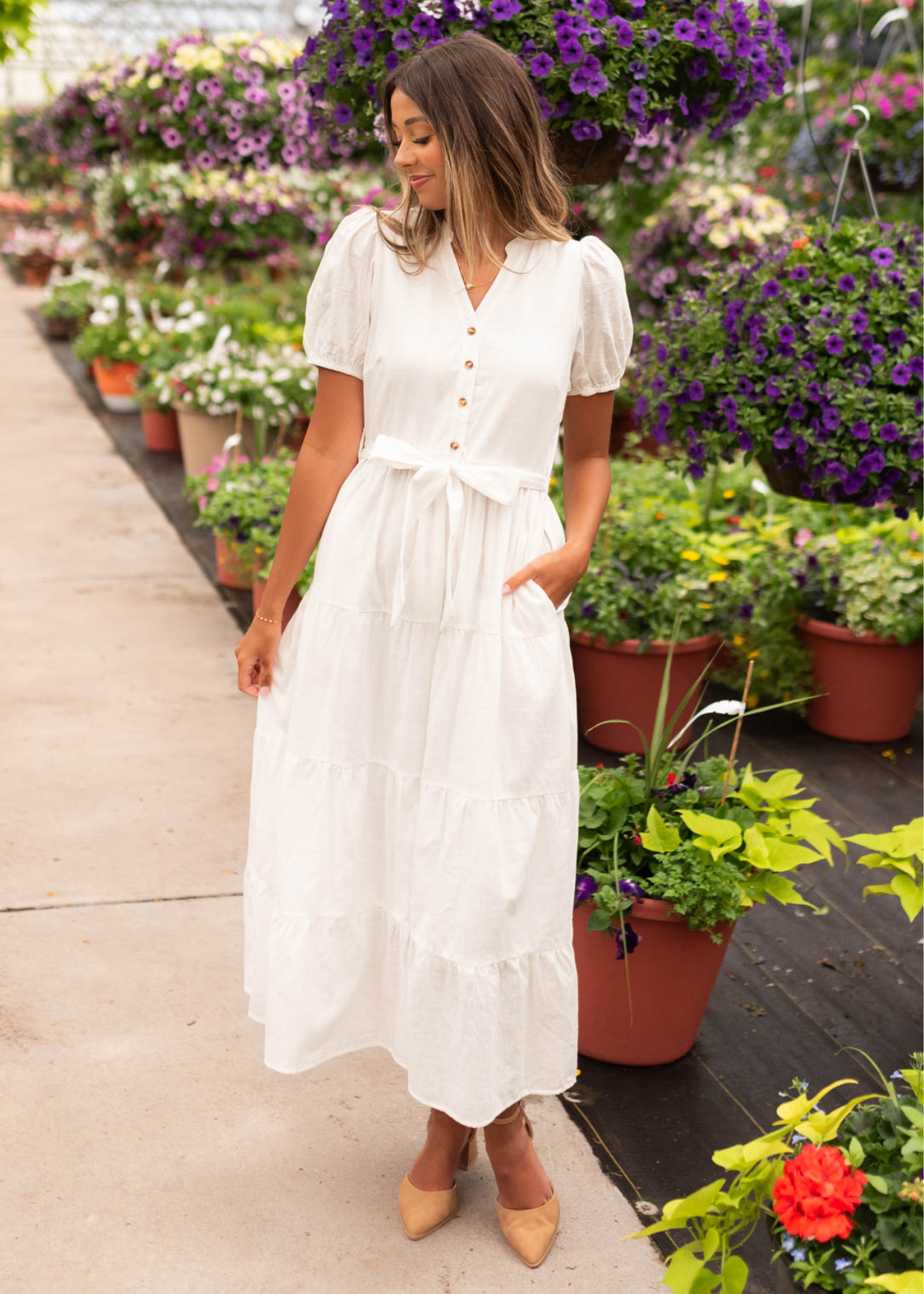 Short sleeve off white button up dress