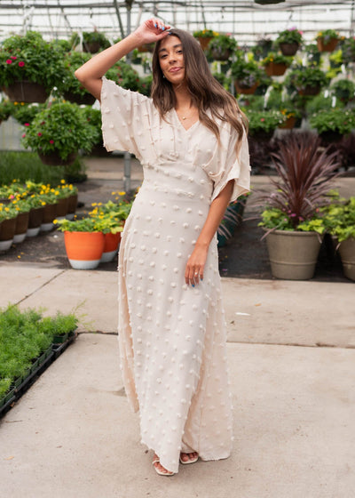 Beige textured  dress with short sleeves