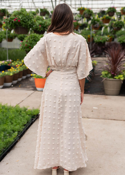 Back view of the beige textured dress