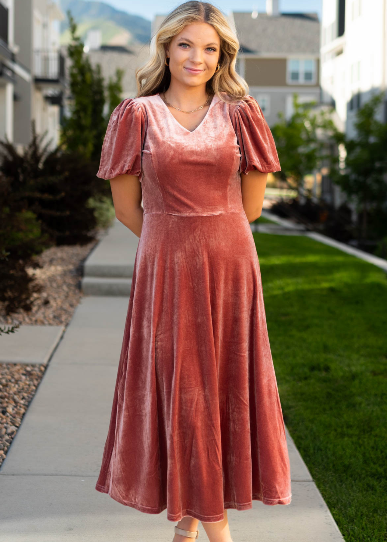 Short sleeve velvet blush dress with a v-neck