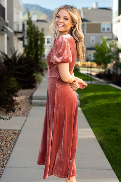 Side view of a blush dress