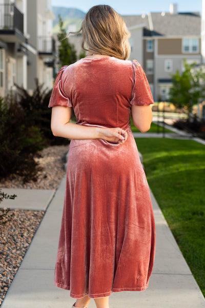 Back view of a blush dress