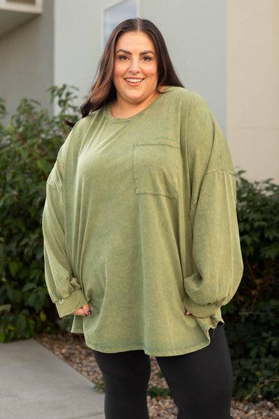 Long sleeve plus size olive pullover with a front pocket and drop sleeves