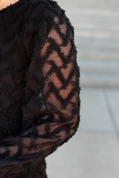 Close up of the fabric on the black dress