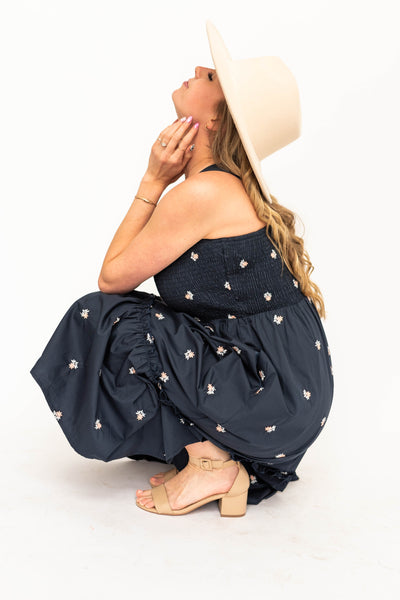 Navy dress with embordered flower print