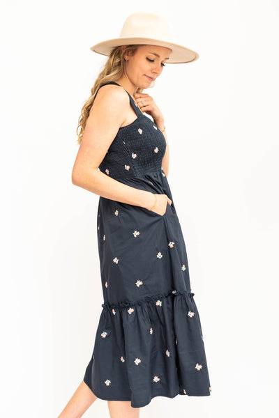 Side view of navy sundress with white floral print.