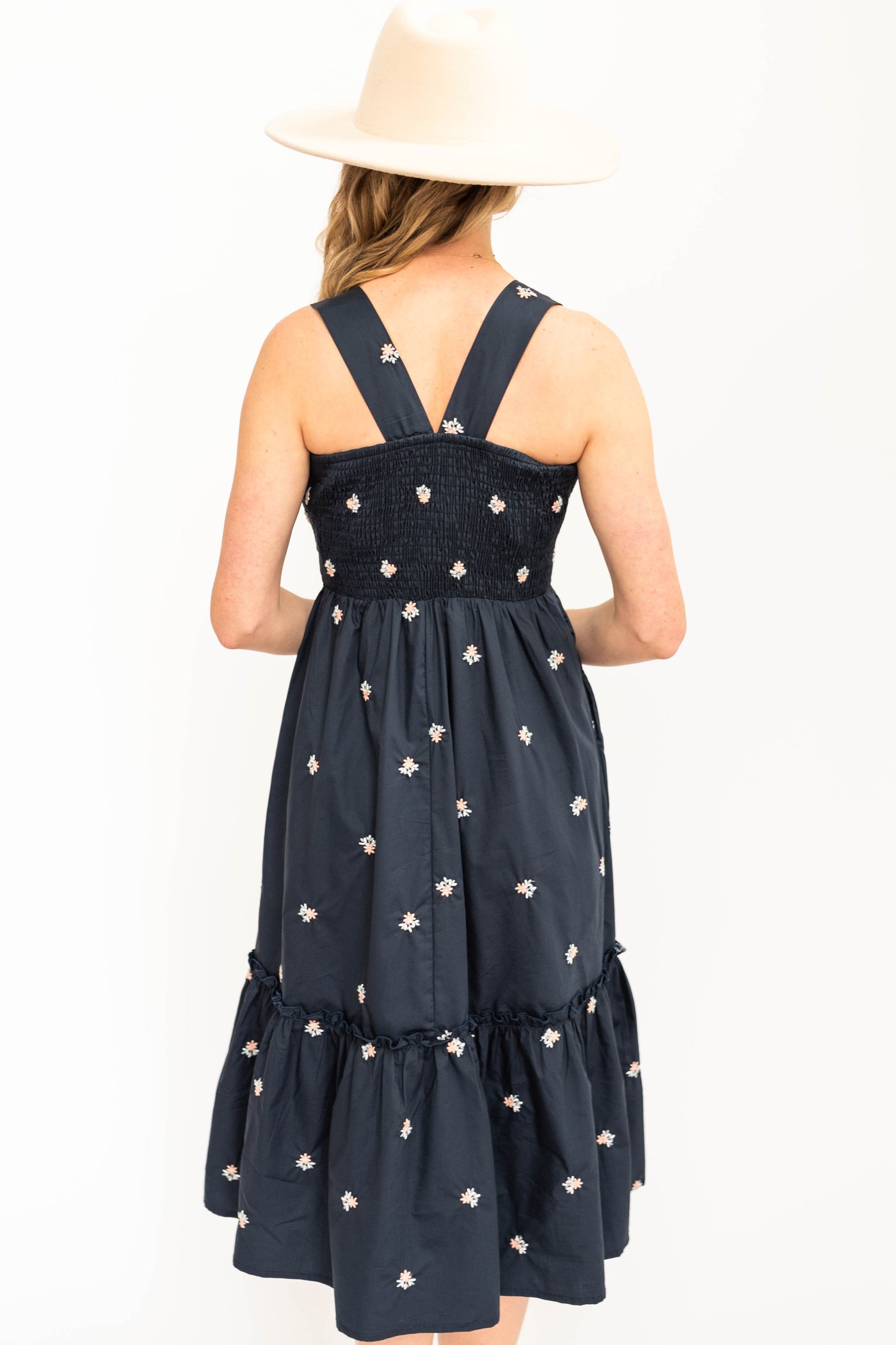 Back view of navy sundress with floral print.
