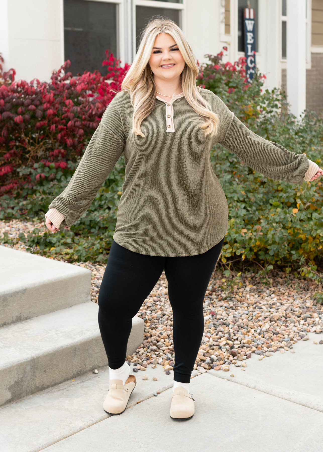 Plus size olive rib button top