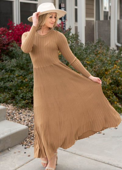 Fitted top on the latte pleated dress