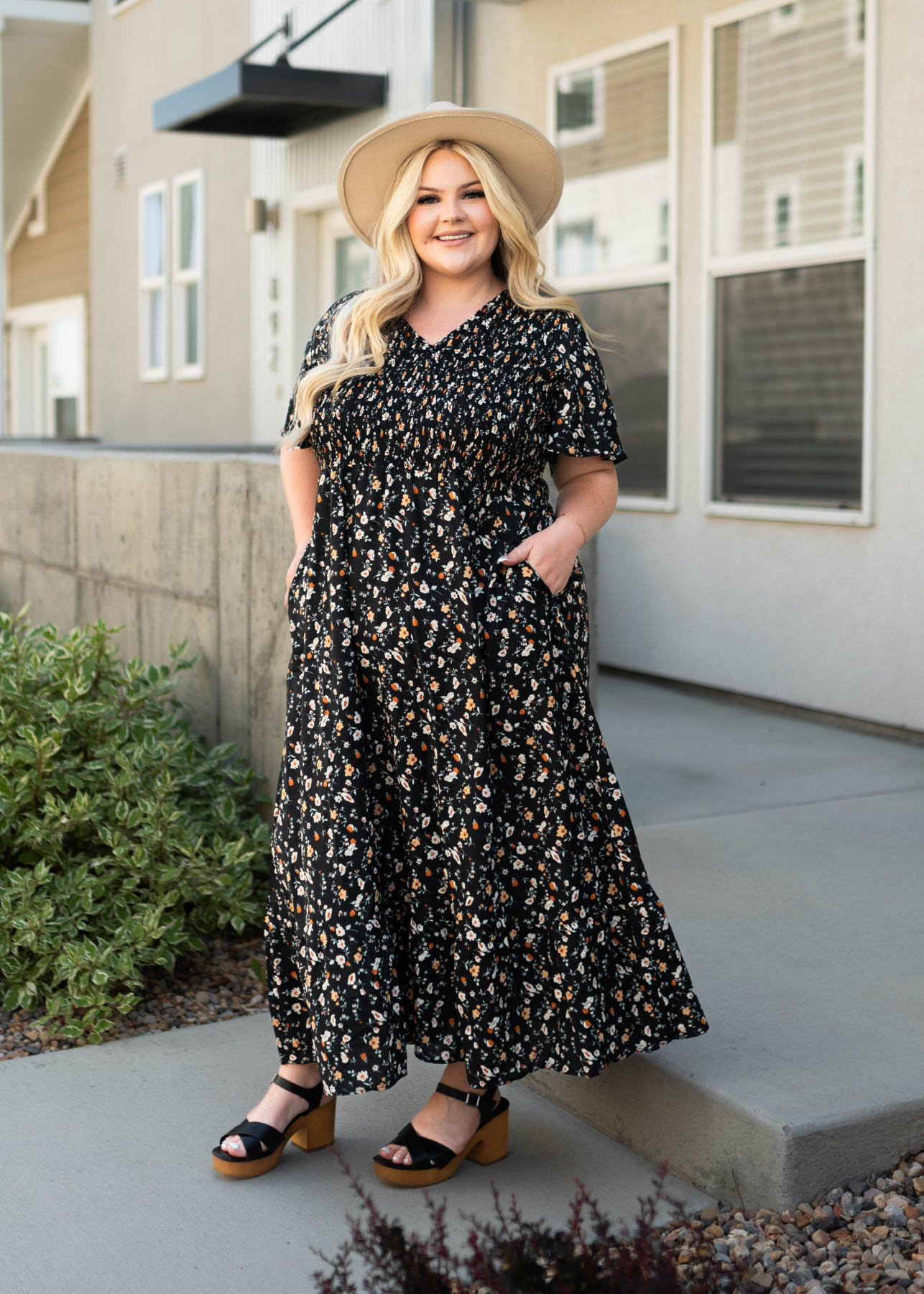 Plus size black floral dress with pockets