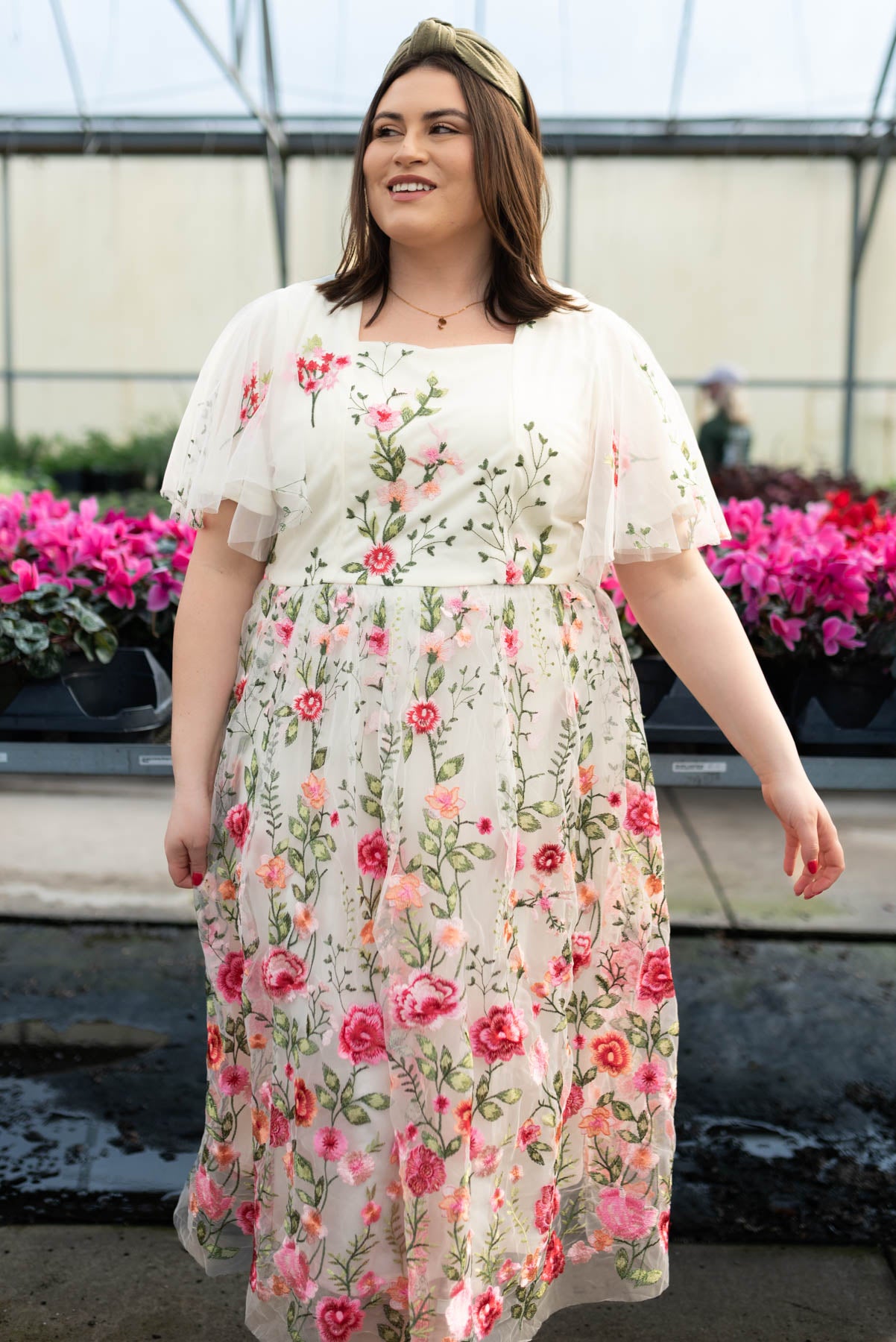 Plus size pink embroidered mesh dress with a square neck