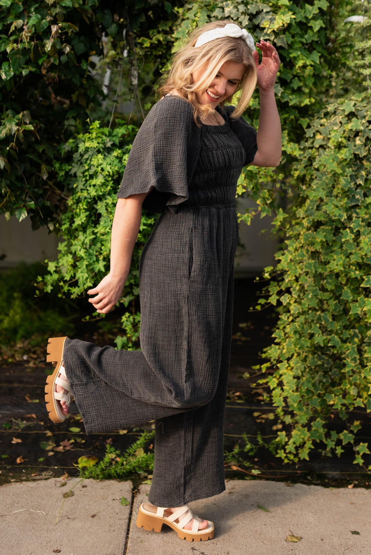 Short sleeve charcoal wide leg jumpsuit