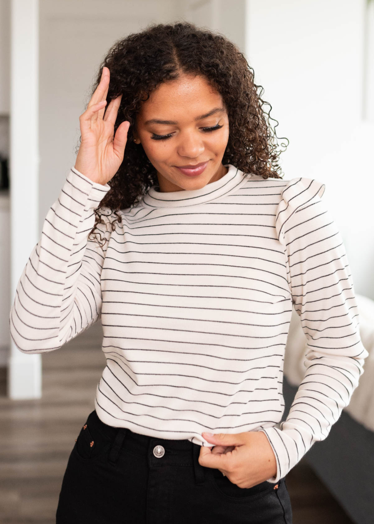 Long sleeve ivory stripe ruffle top