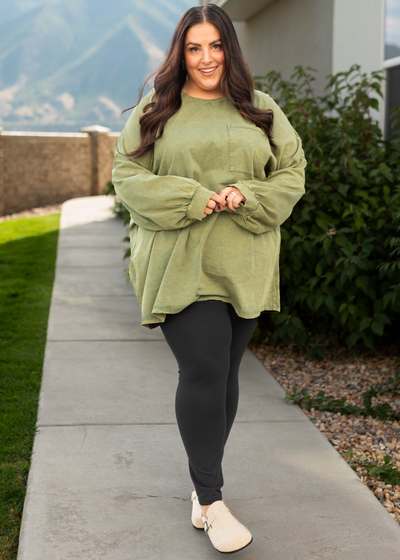 Plus size long sleeve olive pullover